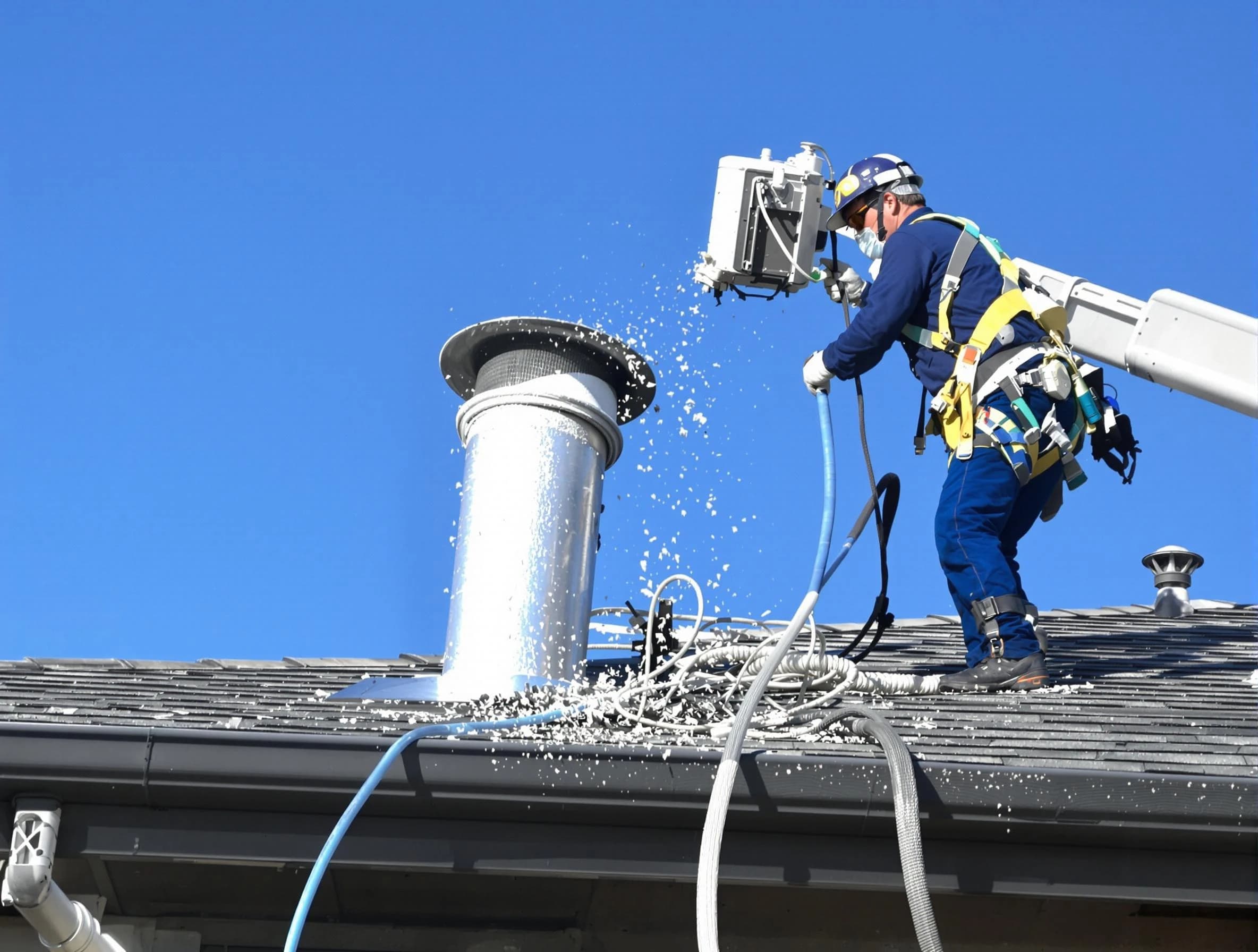 Morgan Dryer Vent Cleaning certified technician safely cleaning a roof-mounted dryer vent in Morgan
