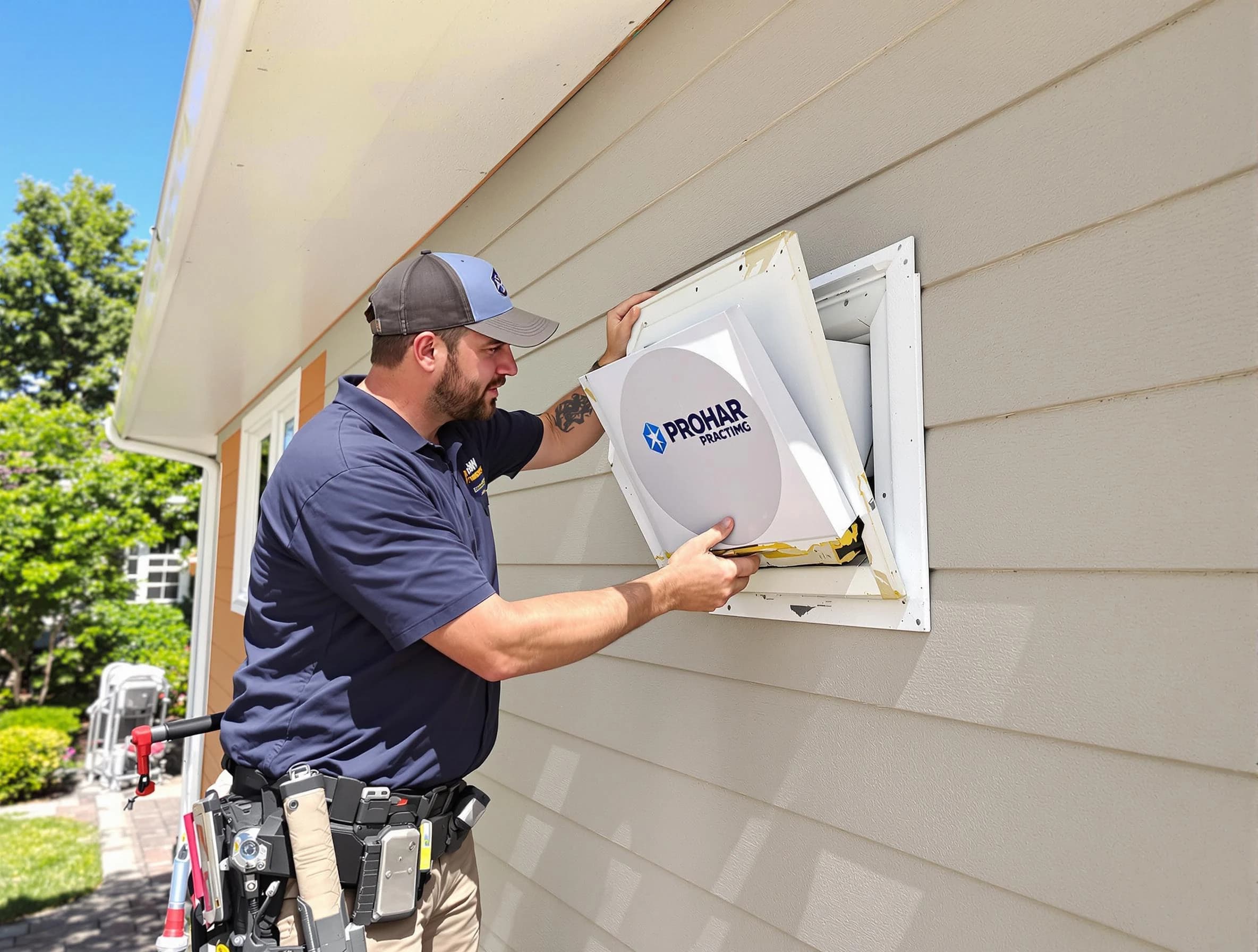 Morgan Dryer Vent Cleaning technician installing a new protective dryer vent cover on a home in Morgan