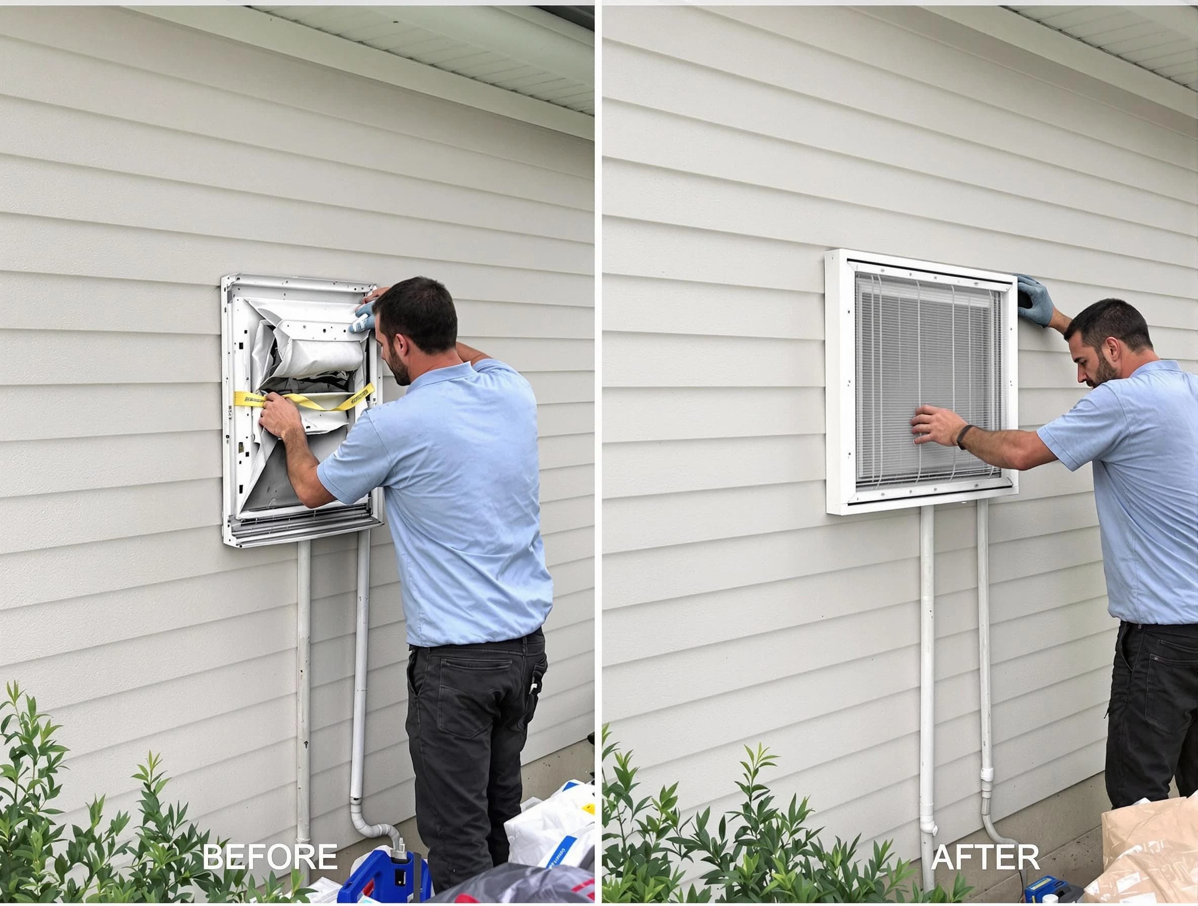 Morgan Dryer Vent Cleaning technician installing high-quality dryer vent cover at a residential property in Morgan