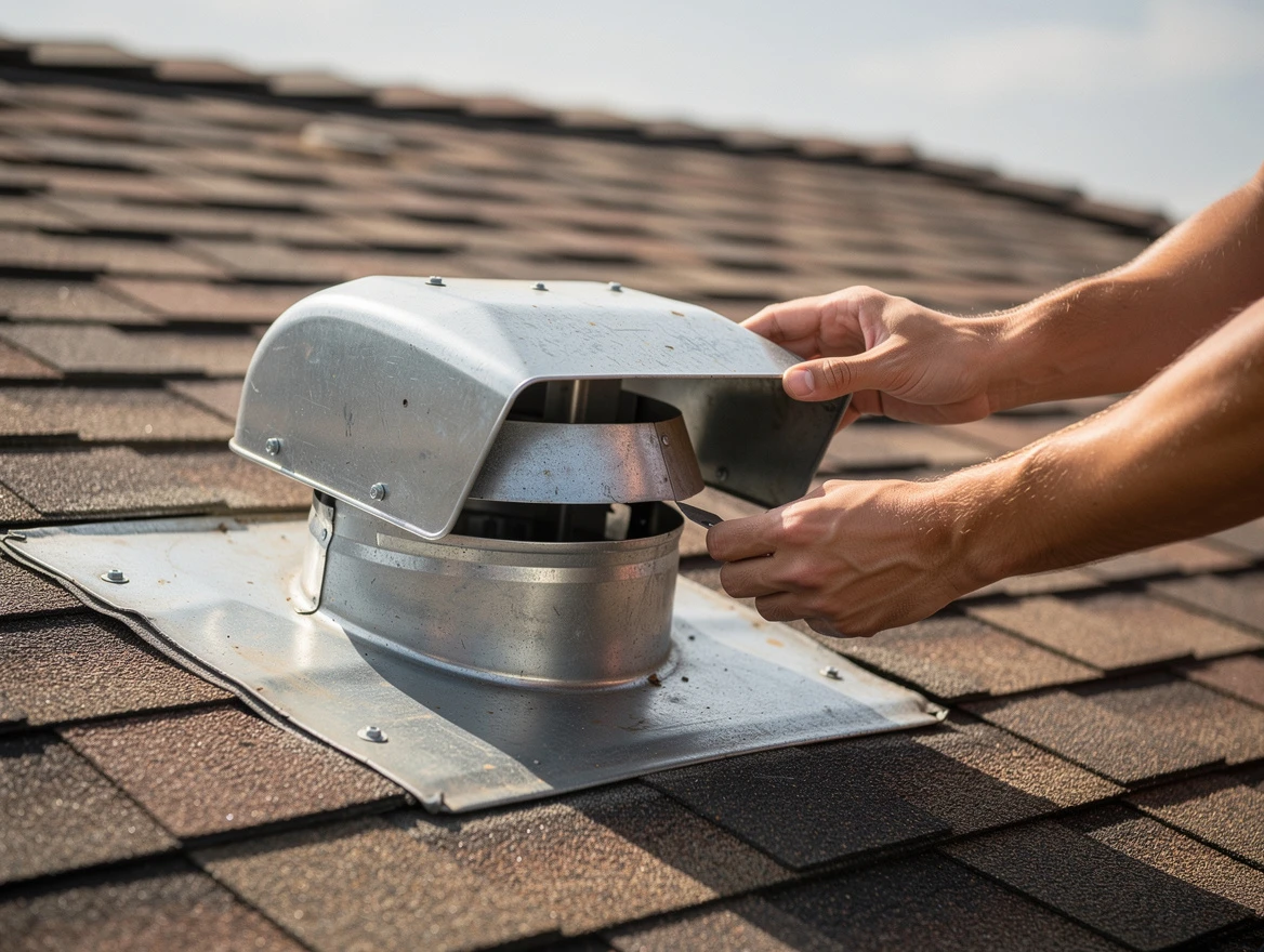 Morgan Dryer Vent Cleaning certified technician safely cleaning a roof-mounted dryer vent in Morgan