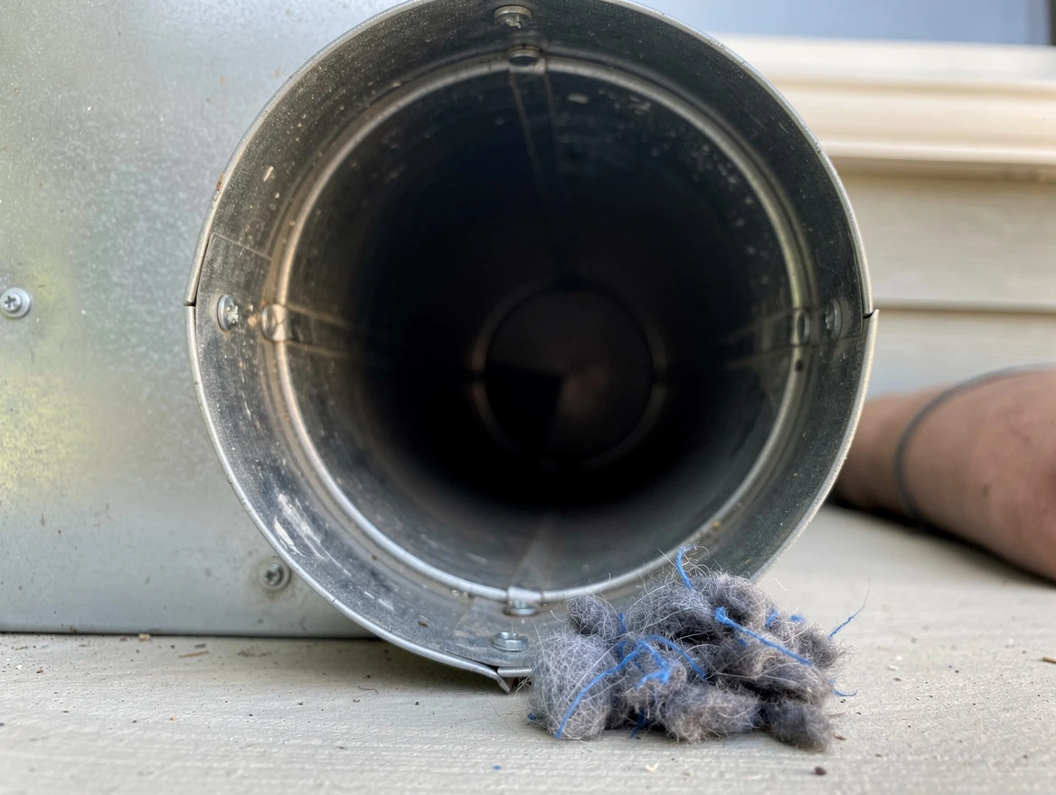 Morgan Dryer Vent Cleaning technician using specialized equipment to clear severe dryer vent blockage in Morgan
