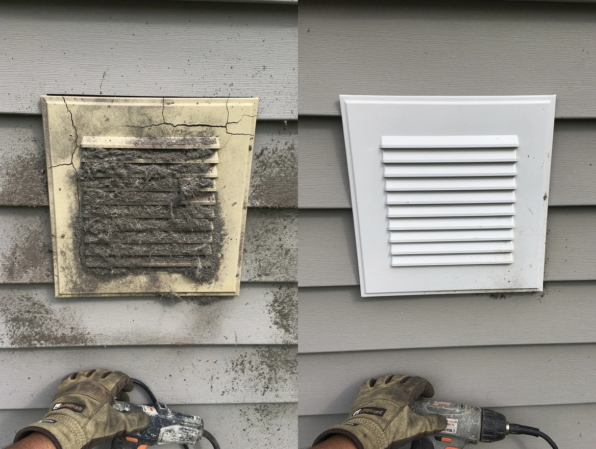 Morgan Dryer Vent Cleaning technician installing high-quality dryer vent cover at a residential property in Morgan